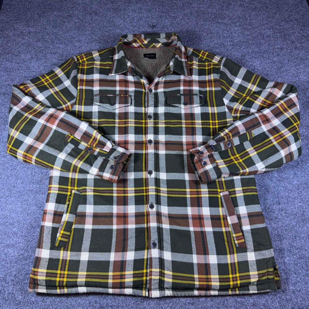 Marmot Mens XL Ridgefield Sherpa Lined Flannel Shirt Jacket Green Plaid M44300